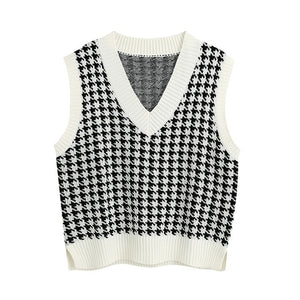 KPYTOMOA Women Houndstooth Loose Knitted Vest