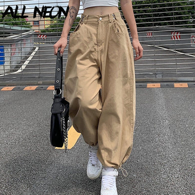 ALLNEON Women Oversized Loosed Adjustable Waist Drawstring Cargo Pants