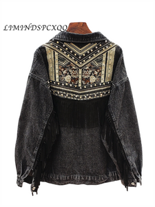 YSBFALNZ Women Floral Embroidery Suede Fringe Denim Jacket