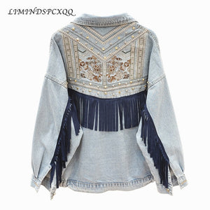 YSBFALNZ Women Floral Embroidery Suede Fringe Denim Jacket