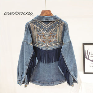 YSBFALNZ Women Floral Embroidery Suede Fringe Denim Jacket
