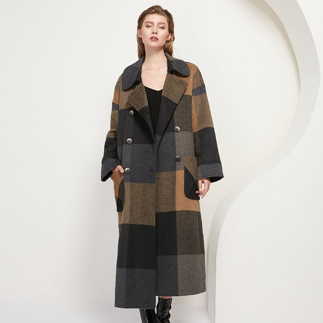 AACHOAE Women Vintage Plaid Woolen Long Coat