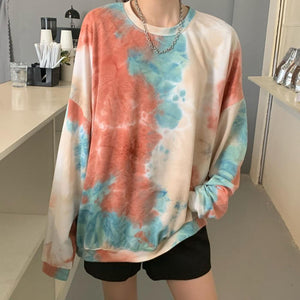 Women Long Sleeve O Neck Tie Dye Loose Sweatshirt