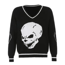Load image into Gallery viewer, HEYounGIRL Women Graphic Skull Print V Neck Knitted Sweater