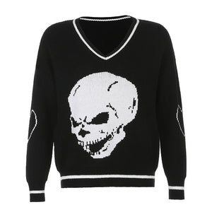 HEYounGIRL Women Graphic Skull Print V Neck Knitted Sweater