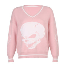 Load image into Gallery viewer, HEYounGIRL Women Graphic Skull Print V Neck Knitted Sweater