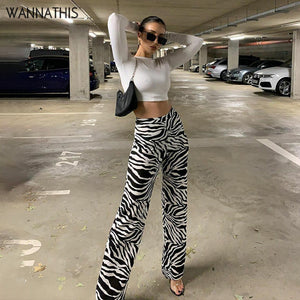 WANNATHIS Women Zebra Print Wide Leg Pants