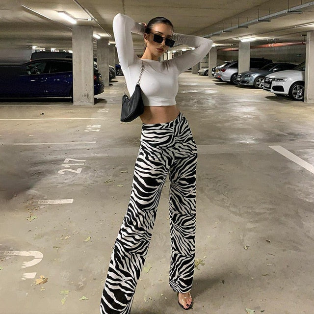 WANNATHIS Women Zebra Print Wide Leg Pants