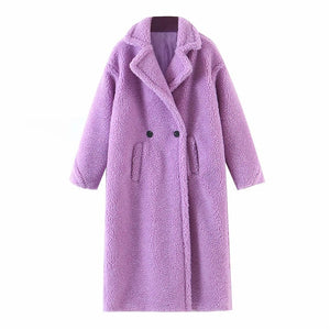 AACHOAE Casual Double Breasted Fleece Turn Down Collar Lamb Fur Coat