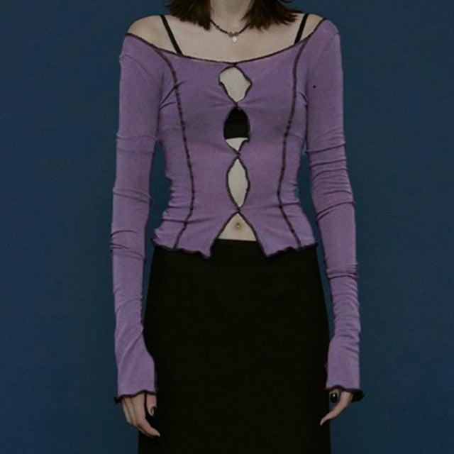 MEIHUIDA Women Solid Hollow Out Long Sleeve Top