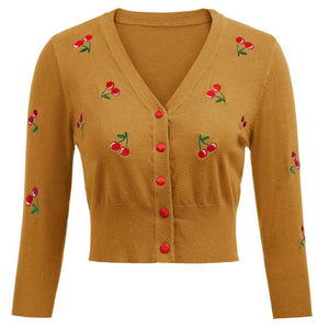 Women Vintage Cherries Embroidery V-Neck Cropped Sweater