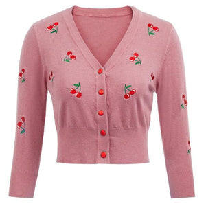 Women Vintage Cherries Embroidery V-Neck Cropped Sweater