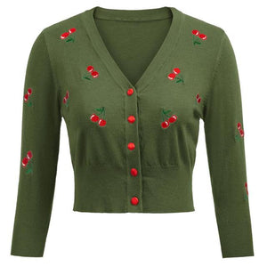 Women Vintage Cherries Embroidery V-Neck Cropped Sweater