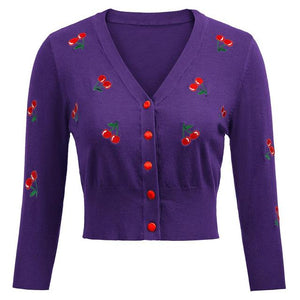 Women Vintage Cherries Embroidery V-Neck Cropped Sweater