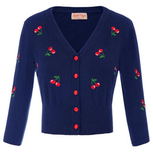 Women Vintage Cherries Embroidery V-Neck Cropped Sweater