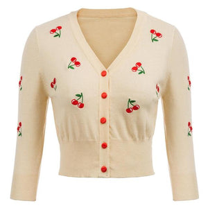 Women Vintage Cherries Embroidery V-Neck Cropped Sweater
