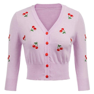 Women Vintage Cherries Embroidery V-Neck Cropped Sweater