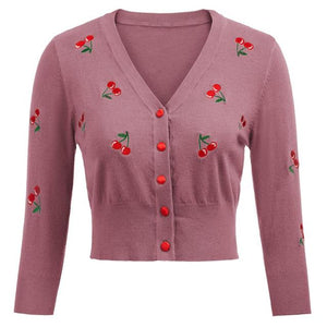 Women Vintage Cherries Embroidery V-Neck Cropped Sweater
