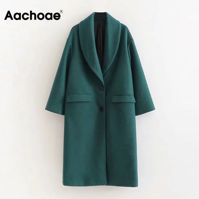 AACHOAE Women Green Long Vintage Woolen Coat