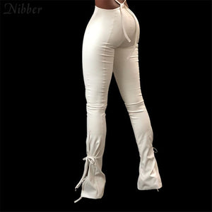 NIBBER Women Bandage Hollow Style PU Leather Pants