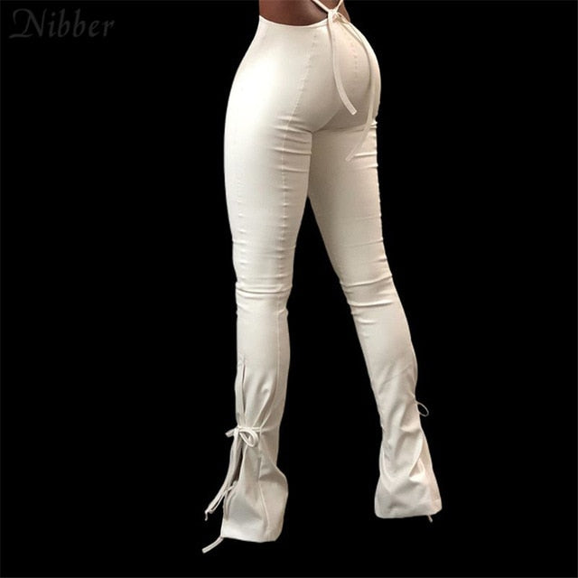 NIBBER Women Bandage Hollow Style PU Leather Pants