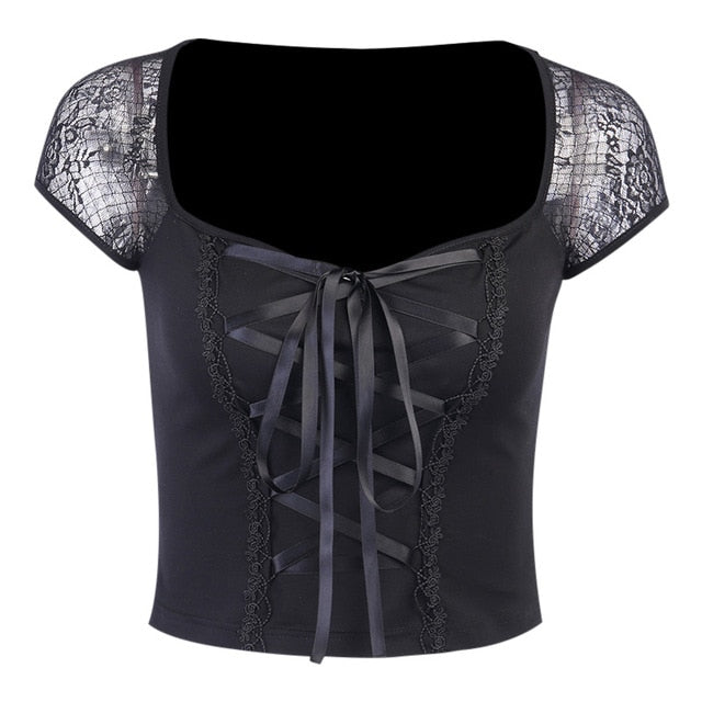 INSGOTH Women Retro Lace Goth Mesh Top