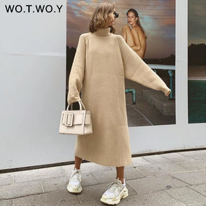 WOTWOY Turtleneck Oversized Knitted Long Sleeve Dress