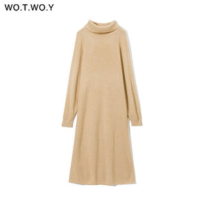 WOTWOY Turtleneck Oversized Knitted Long Sleeve Dress