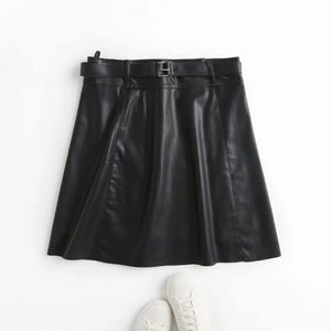 AACHOAE Women Black PU Faux Leather Skirt With Belt