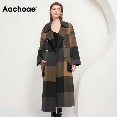 AACHOAE Women Vintage Plaid Woolen Long Coat