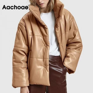 AACHOAE Women Single Breasted Faux Leather Jacket