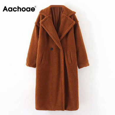 AACHOAE Casual Double Breasted Fleece Turn Down Collar Lamb Fur Coat