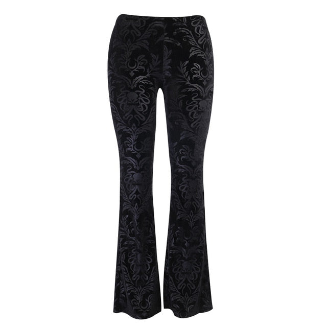 INSGOTH Women Retro Gothic Print Black Flare Pant