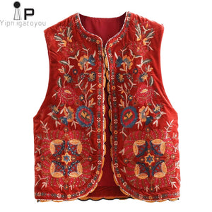 YIPN.IGACOYOU Women Vintage Floral Embroidery Sequins Velvet Vest