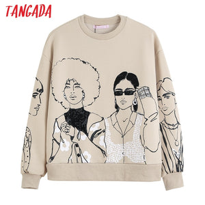 TANGADA Women Character Print Gray Oversize Sweatshirts