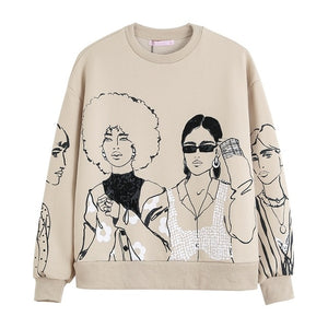 TANGADA Women Character Print Gray Oversize Sweatshirts