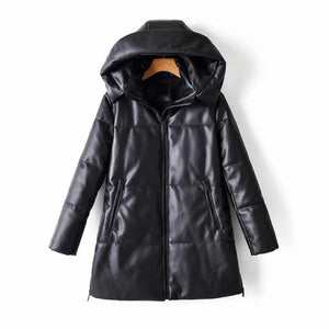 WIXRA Women PU Leather Cotton Hooded Coat