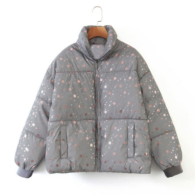 WIXRA Women Loose Snow Print Bomber Coat