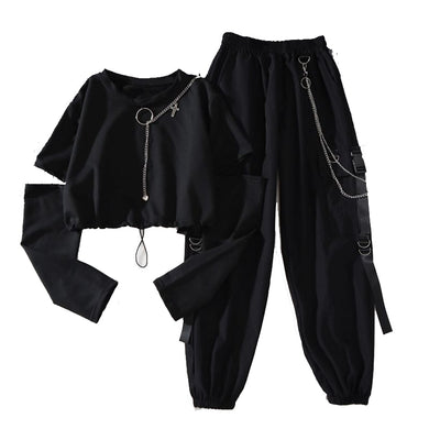 HWLZLTZHT Women Two-piece Suit Chain Long Sleeve+Ribbon Pants