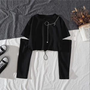 HWLZLTZHT Women Two-piece Suit Chain Long Sleeve+Ribbon Pants