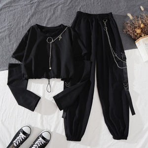 HWLZLTZHT Women Two-piece Suit Chain Long Sleeve+Ribbon Pants