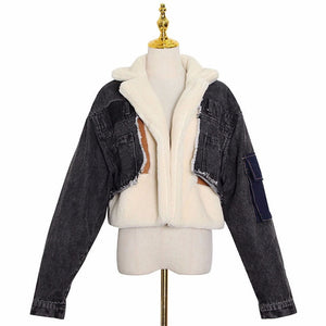 TWOTWINSTYLE Women Patchwork Wool Denim Jacket