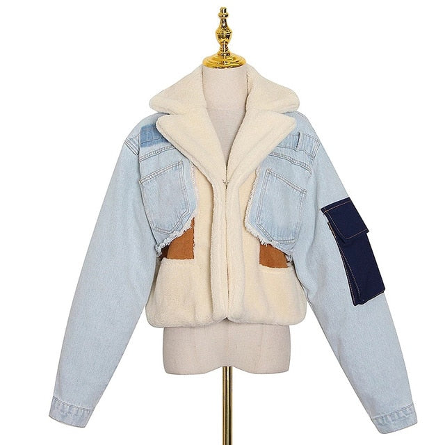 TWOTWINSTYLE Women Patchwork Wool Denim Jacket