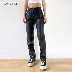 BIAO SHENG Women Black Faux Leather Pants