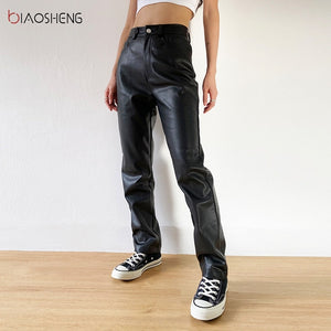 BIAO SHENG Women Black Faux Leather Pants