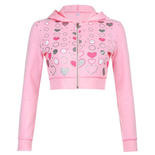 Load image into Gallery viewer, SWEETOWN Women Pink Heart Print Cropped Zip Up Sweatshirt