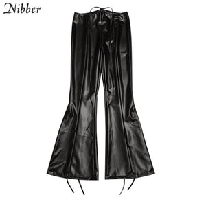 NIBBER Women Bandage Hollow Style PU Leather Pants