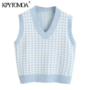 KPYTOMOA Women Houndstooth Loose Knitted Vest