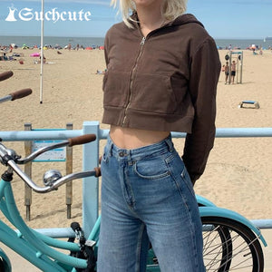 SUCHCUTE Women Cropped 90s Aesthetics Zip Up Sweatshirt