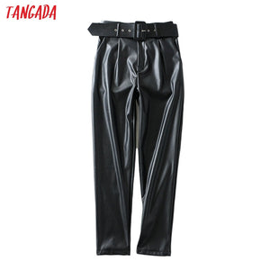 TANGADA Women Black Faux Leather Suit Pants